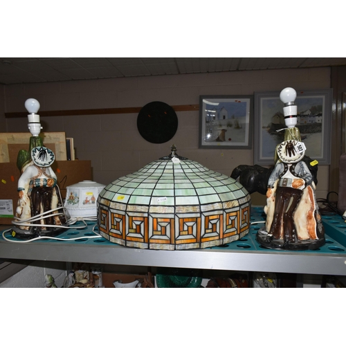 507 - A GROUP OF TABLE LAMPS AND A TIFFANY STYLE CEILING LIGHT SHADE, comprising two Jersey Pottery table ... 