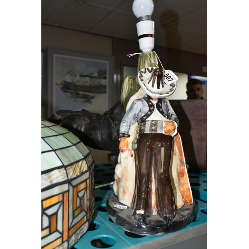 507 - A GROUP OF TABLE LAMPS AND A TIFFANY STYLE CEILING LIGHT SHADE, comprising two Jersey Pottery table ... 