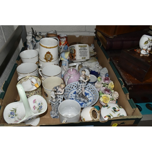 508 - TWO BOXES AND LOOSE ORNAMENTS AND SUNDRIES, to include a small porcelain bust of W.G Grace, Royal co... 