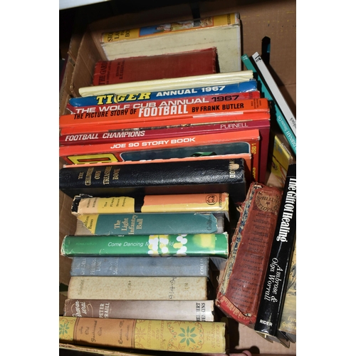 509 - THREE BOXES OF BOOKS & EPHEMERA, book subjects include transport, annuals, Fred Dibnah, boy's storie... 