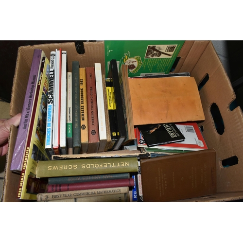 509 - THREE BOXES OF BOOKS & EPHEMERA, book subjects include transport, annuals, Fred Dibnah, boy's storie... 