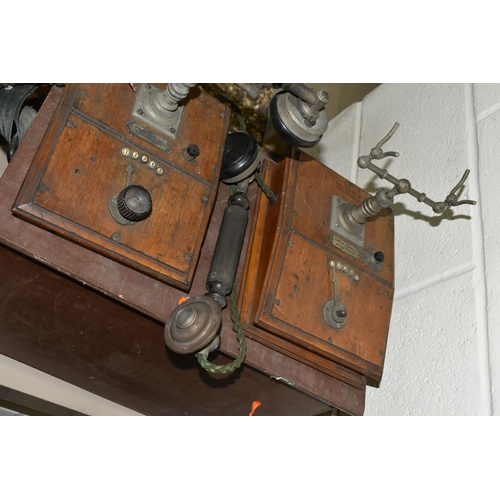 511 - ONE BOX AND LOOSE EARLY 20TH CENTURY TELEPHONE PARTS, to include bells, switches, handsets, etc. (1 ... 