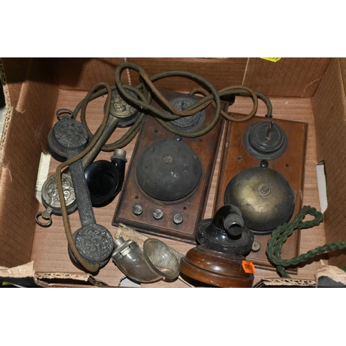 511 - ONE BOX AND LOOSE EARLY 20TH CENTURY TELEPHONE PARTS, to include bells, switches, handsets, etc. (1 ... 