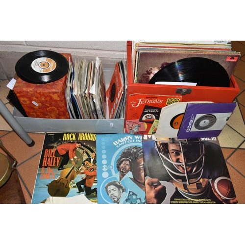 513 - ONE BOX OF SINGLE 45RPM RECORDS AND A CASE OF L.P RECORDS, approximately seventy singles, artists in... 