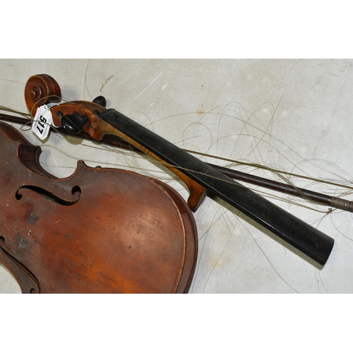 517 - A VIOLIN IN NEED OF ATTENTION, two piece back, no visible maker's label but bears a label reading 'd... 