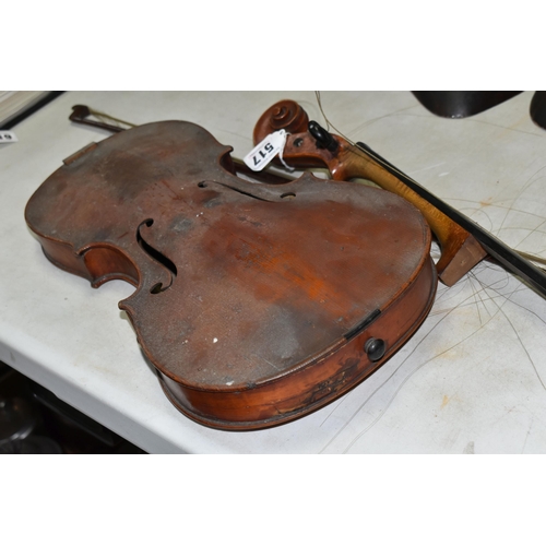 517 - A VIOLIN IN NEED OF ATTENTION, two piece back, no visible maker's label but bears a label reading 'd... 