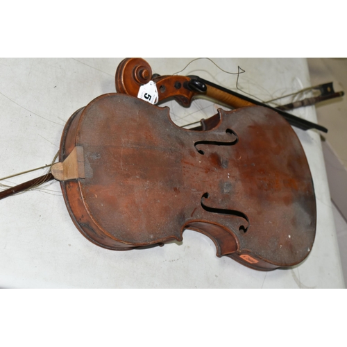 517 - A VIOLIN IN NEED OF ATTENTION, two piece back, no visible maker's label but bears a label reading 'd... 