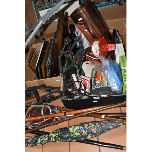 522 - TWO BOXES AND LOOSE AUTOMOTIVE ITEMS, PICTURES, WALKING STICKS AND SUNDRIES, to include two pairs of... 