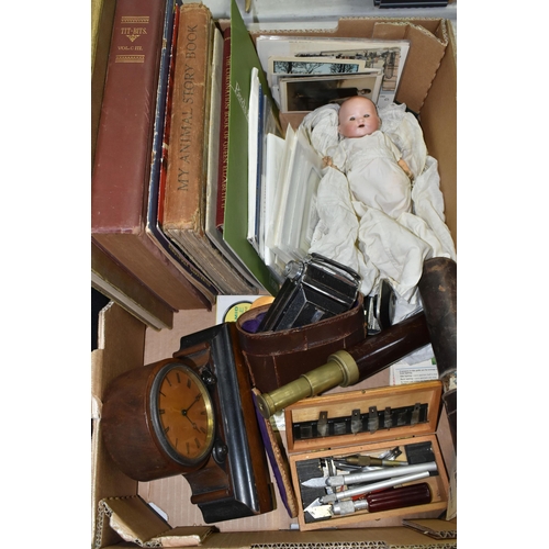 525 - A BOX OF BOOKS, DOLL, CLOCK, TELESCOPE AND SUNDRY ITEMS, to include  a cased 19th century telescope,... 