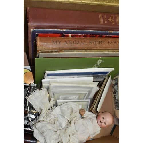 525 - A BOX OF BOOKS, DOLL, CLOCK, TELESCOPE AND SUNDRY ITEMS, to include  a cased 19th century telescope,... 