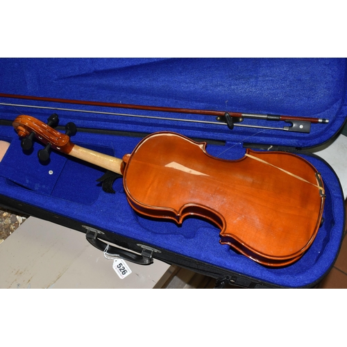 526 - A CASED 3/4 SIZE VIOLIN, two piece back, bearing paper label reading 'Yamada, model no 200-3/4', wit... 