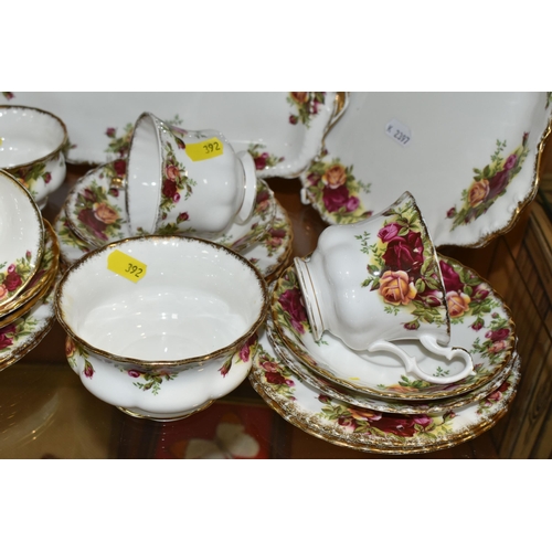 392 - A GROUP OF ROYAL ALBERT 'OLD COUNTRY ROSES' PATTERN TEAWARE, comprising a cake plate, sandwich plate... 