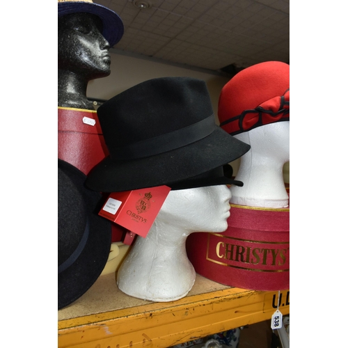 538 - A LARGE COLLECTION OF HATS BY CHRISTY'S OF LONDON AND SIMILAR, comprising 100% wool felt trilbies, s... 