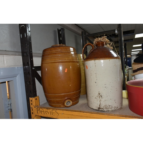 539 - A GROUP OF SALT GLAZED EARTHENWARE ALE/BEER BARRELS AND FLAGON, comprising a 2 gallon barrel made by... 