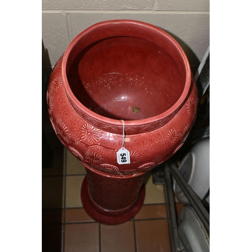 549 - A LARGE RED BURMANTOFT JARDINIERE AND A SIMILAR COLOURED STAND, impressed marks to the base of the j... 