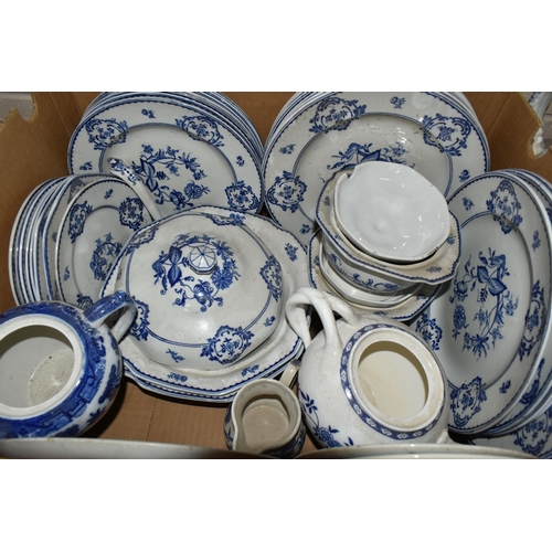 556 - TWO BOXES AND LOOSE BLUE AND WHITE CERAMICS, to include a Minton Willow pattern biscuit barrel, a Ge... 