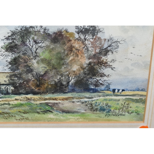 560 - CECIL J. THORNTON (1911-2001) A LANDSCAPE WITH CHURCH, cattle are in a field before a church and tre... 