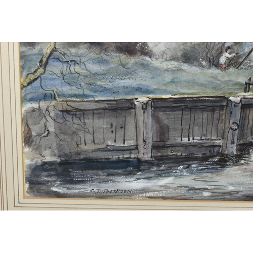 561 - CECIL J. THORNTON (1911-2001) A RIVER LANDSCAPE WITH WATER WHEEL, a figure is pulling a rope attache... 