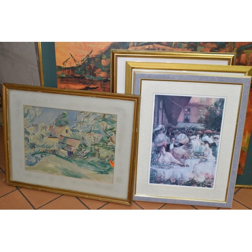 566 - A SMALL QUANTITY OF PAINTINGS AND PRINTS ETC, to include a watercolour depicting cottages in a rural... 