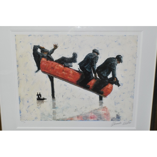 569 - ALEXANDER MILLAR (SCOTLAND 1960) 'COWBOYS', a signed artist proof edition print depicting three men ... 