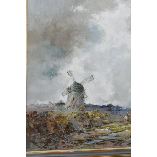 570 - AN EARLY 20TH CENTURY LANDSCAPE WITH WINDMILL, a figure on horseback pass by a windmill in an extens... 