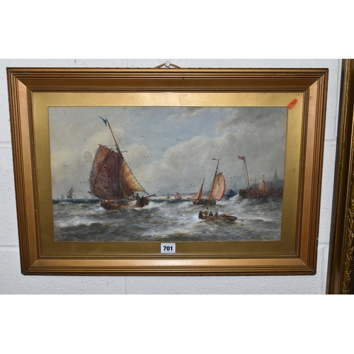 701 - THOMAS BUSH HARDY ( 1842-1897) TWO MARITIME WATERCOLOURS, Comprising 'WIND AGAINST THE TIDE'  fishin... 