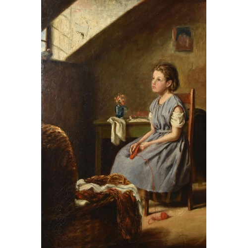 702 - THOMAS FAED (1826-1900) AN INTERIOR SCENE WITH YOUNG FEMALE FIGURE, she is seated and attending to a... 