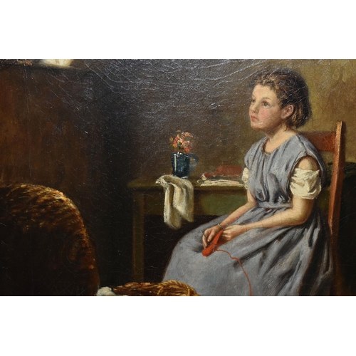 702 - THOMAS FAED (1826-1900) AN INTERIOR SCENE WITH YOUNG FEMALE FIGURE, she is seated and attending to a... 