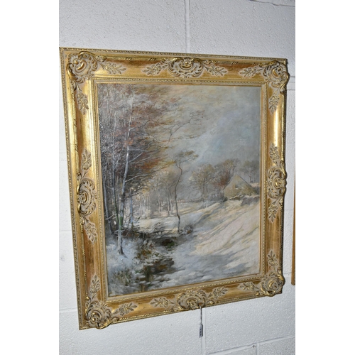 704 - AUSTIN WINTERBOTTOM (1860-1919) TWO WINTER LANDSCAPES, the first depicts a stream running through a ... 