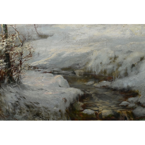 704 - AUSTIN WINTERBOTTOM (1860-1919) TWO WINTER LANDSCAPES, the first depicts a stream running through a ... 