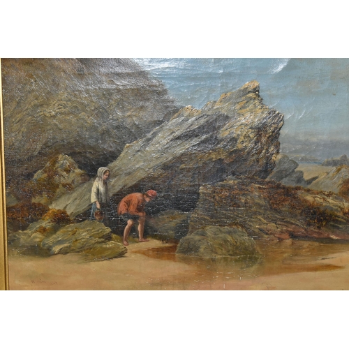 705 - W. COLLINS (19TH CENTURY) A ROCKY COASTAL LANDSCAPE WITH FIGURES, a young male and female figures ar... 