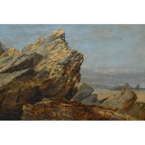 705 - W. COLLINS (19TH CENTURY) A ROCKY COASTAL LANDSCAPE WITH FIGURES, a young male and female figures ar... 