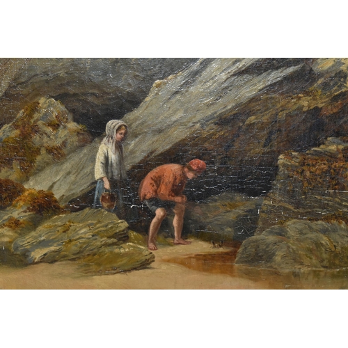 705 - W. COLLINS (19TH CENTURY) A ROCKY COASTAL LANDSCAPE WITH FIGURES, a young male and female figures ar... 