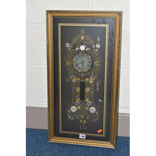 706 - A KEN BROADBENT CLOCK MONTAGE WITH QUARTZ MOVEMENT, in a gilt frame and glazed, overall height 69cm ... 