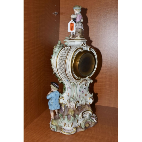 707 - A LATE 19TH CENTURY MEISSEN PORCELAIN FIGURAL MANTEL CLOCK OF BALLOON SHAPE, mould no .572, with sea... 