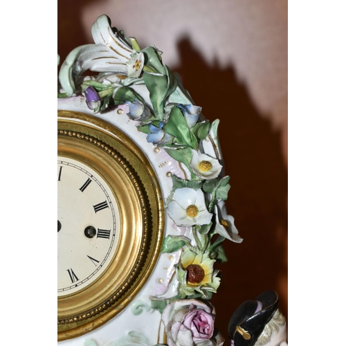 707 - A LATE 19TH CENTURY MEISSEN PORCELAIN FIGURAL MANTEL CLOCK OF BALLOON SHAPE, mould no .572, with sea... 