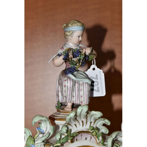 707 - A LATE 19TH CENTURY MEISSEN PORCELAIN FIGURAL MANTEL CLOCK OF BALLOON SHAPE, mould no .572, with sea... 