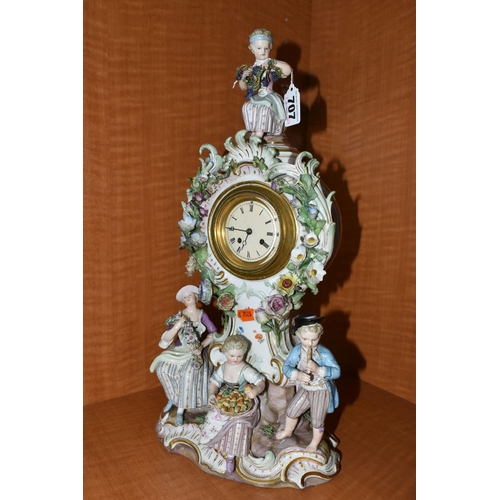 707 - A LATE 19TH CENTURY MEISSEN PORCELAIN FIGURAL MANTEL CLOCK OF BALLOON SHAPE, mould no .572, with sea... 