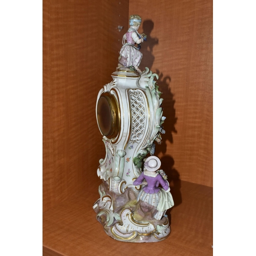 707 - A LATE 19TH CENTURY MEISSEN PORCELAIN FIGURAL MANTEL CLOCK OF BALLOON SHAPE, mould no .572, with sea... 