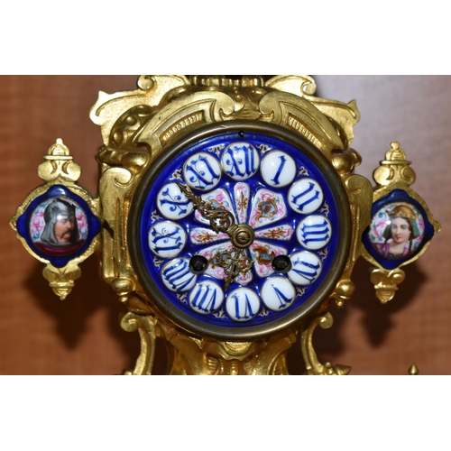 711 - A LATE 19TH CENTURY GILT METAL AND PORCELAIN MOUNTED MANTEL CLOCK, the porcelain dial with Roman num... 