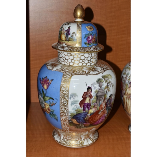 715 - A PAIR OF LATE 19TH CENTURY AUGUSTUS REX PORCELAIN JARS AND COVERS OF BALUSTER FORM, painted with pa... 