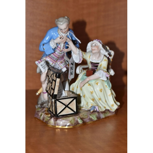 722 - A LATE 19TH CENTURY MEISSEN SATIRICAL PORCELAIN FIGURE GROUP OF AN OLD LADY AND HER YOUNG LOVER EMBL... 