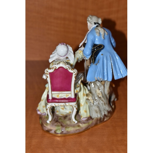 722 - A LATE 19TH CENTURY MEISSEN SATIRICAL PORCELAIN FIGURE GROUP OF AN OLD LADY AND HER YOUNG LOVER EMBL... 