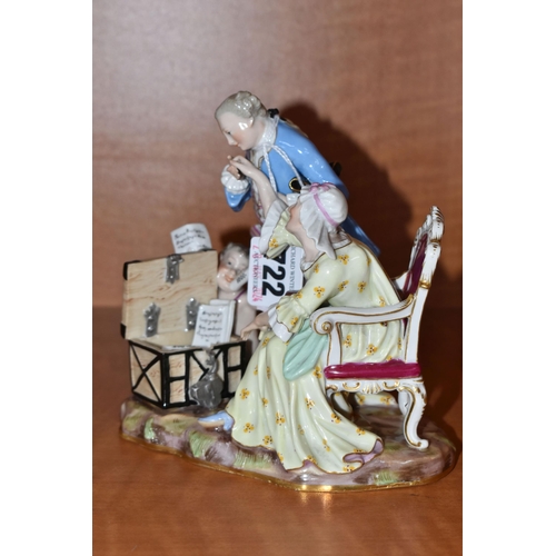 722 - A LATE 19TH CENTURY MEISSEN SATIRICAL PORCELAIN FIGURE GROUP OF AN OLD LADY AND HER YOUNG LOVER EMBL... 