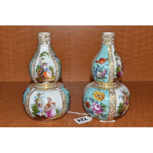 724 - A PAIR OF LATE 19TH CONTINENTAL PORCELAIN VASES OF DOUBLE GOURD FORM, hand painted with alternating ... 