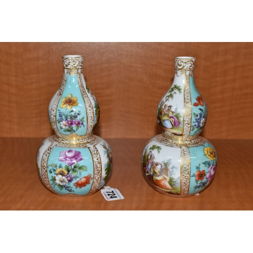 724 - A PAIR OF LATE 19TH CONTINENTAL PORCELAIN VASES OF DOUBLE GOURD FORM, hand painted with alternating ... 