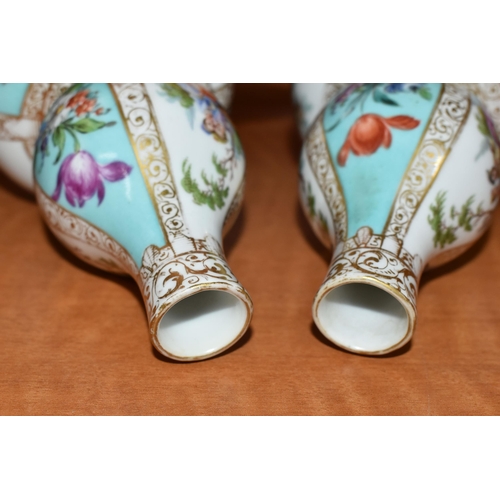 724 - A PAIR OF LATE 19TH CONTINENTAL PORCELAIN VASES OF DOUBLE GOURD FORM, hand painted with alternating ... 