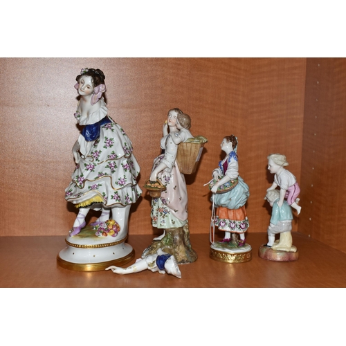 725 - THREE LATE 19TH AND EARLY 20TH CENTURY CONTINENTAL RUDOLSTADT VOLKSTEDT PORCELAIN FIGURES AND ANOTHE... 