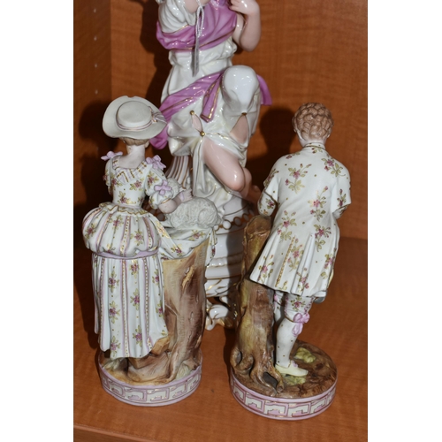 728 - THREE LATE 19TH / EARLY 20TH CENTURY CONTINENTAL PORCELAIN FIGURES, comprising a French centrepiece ... 