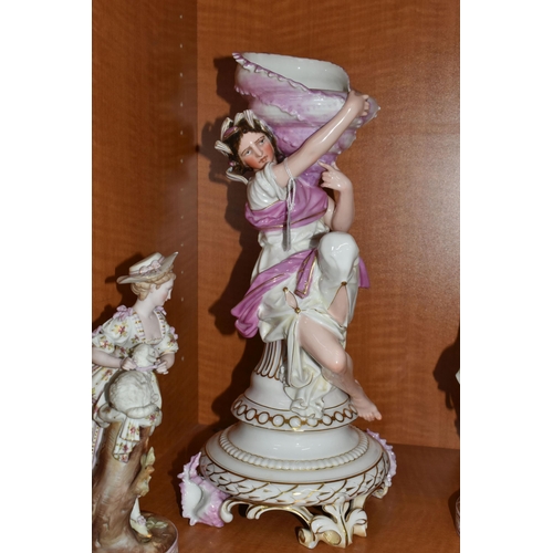 728 - THREE LATE 19TH / EARLY 20TH CENTURY CONTINENTAL PORCELAIN FIGURES, comprising a French centrepiece ... 